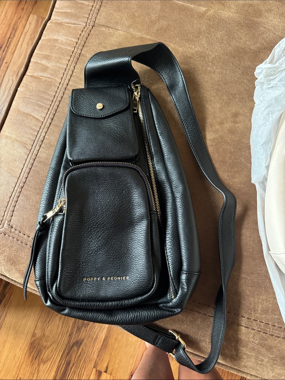 Poppy & Peonies Black Pebbled Leather Crossbody Sling Bag